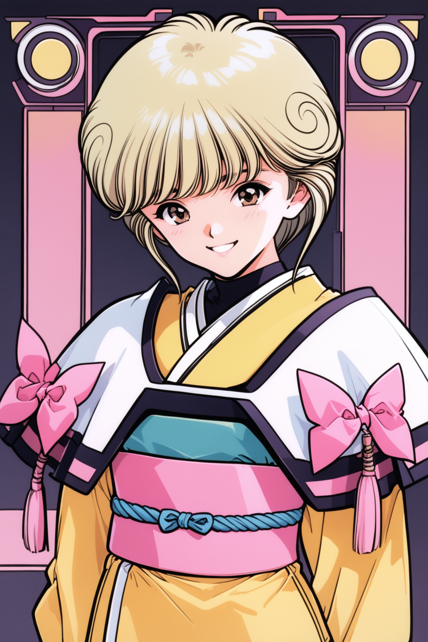 37743-1883478734-Ai Amano,1girl,solo,closed mouth,short hair,brown eyes,blonde hair,bow,upper body,looking at viewer,black background,simple back.png